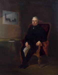 Portret van Robert Stephenson met Rocket